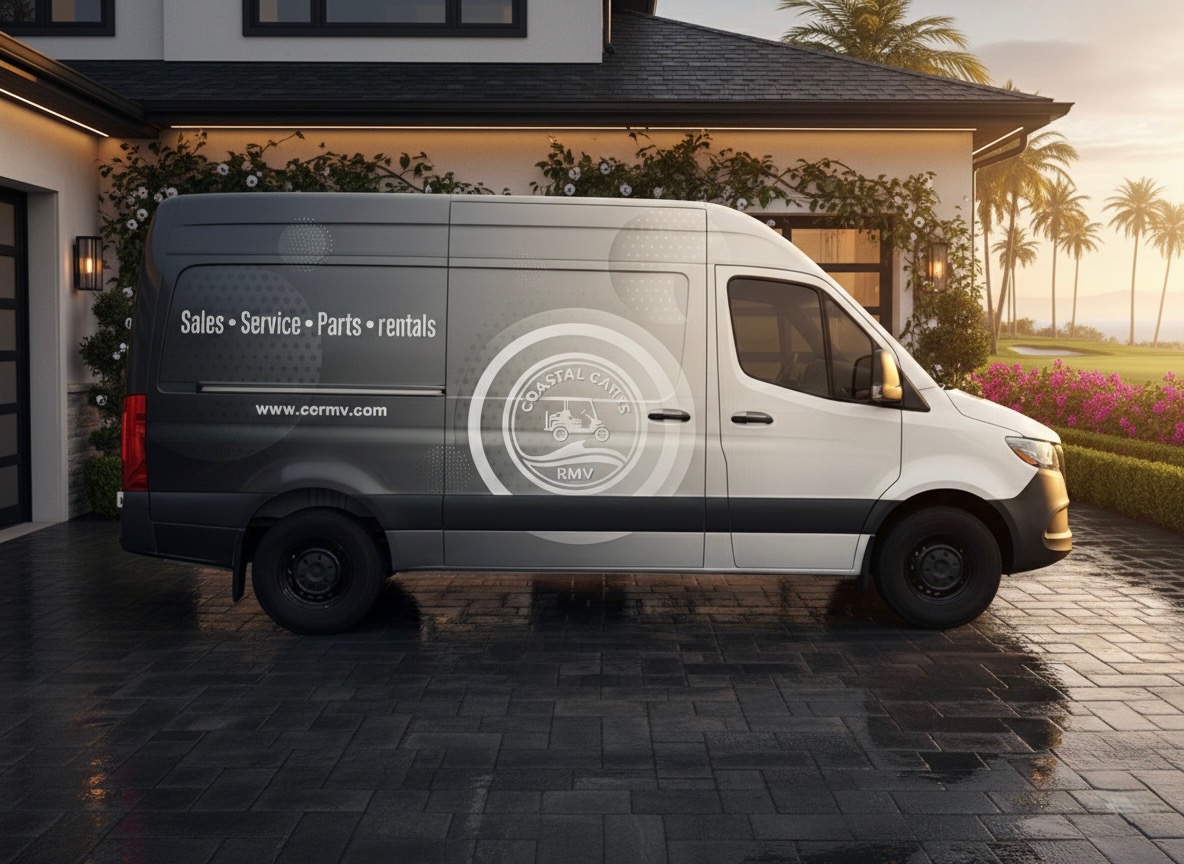 Coastal Carts RMV Sprinter service van parked outside a home
